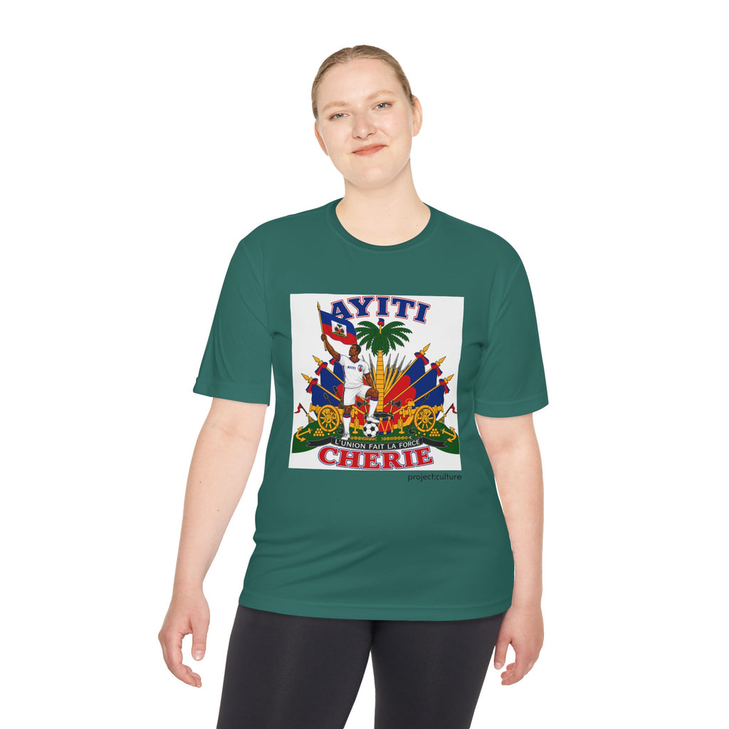 Ayiti Cherie T‑Shirt with White background — Haitian Flag & Crest Tee (Ayiti Nou La)