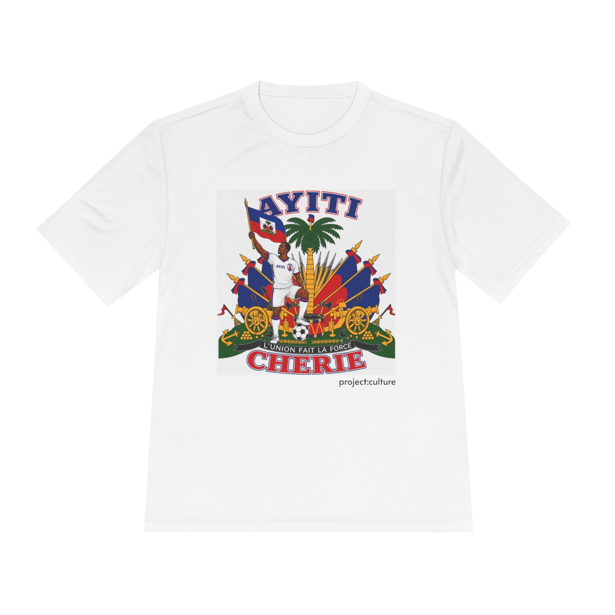 Ayiti Cherie T‑Shirt with White background — Haitian Flag & Crest Tee (Ayiti Nou La)