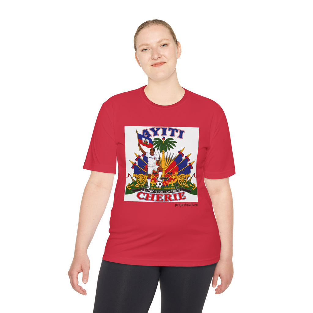 Ayiti Cherie T‑Shirt with White background — Haitian Flag & Crest Tee (Ayiti Nou La)