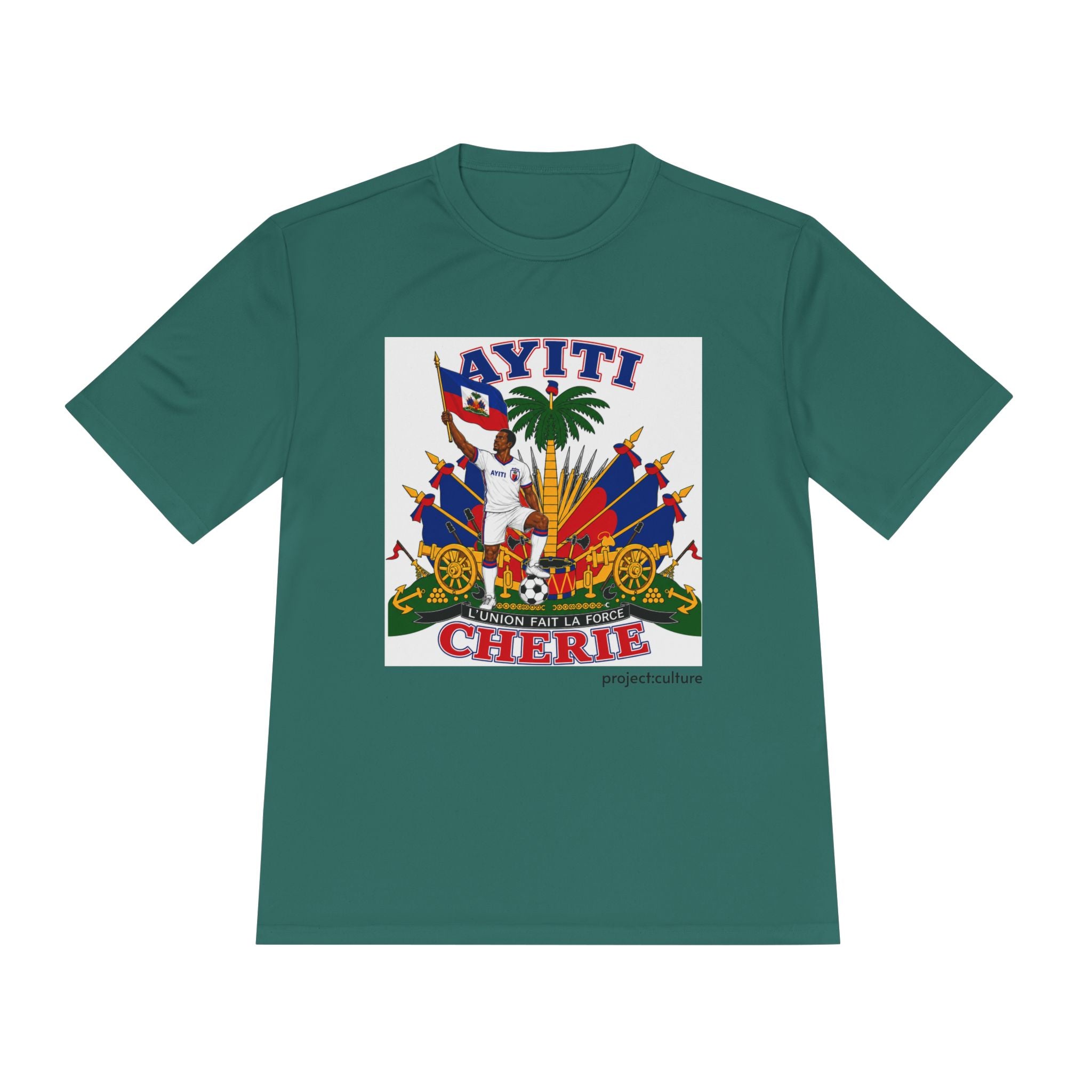 Ayiti Cherie T‑Shirt with White background — Haitian Flag & Crest Tee (Ayiti Nou La)