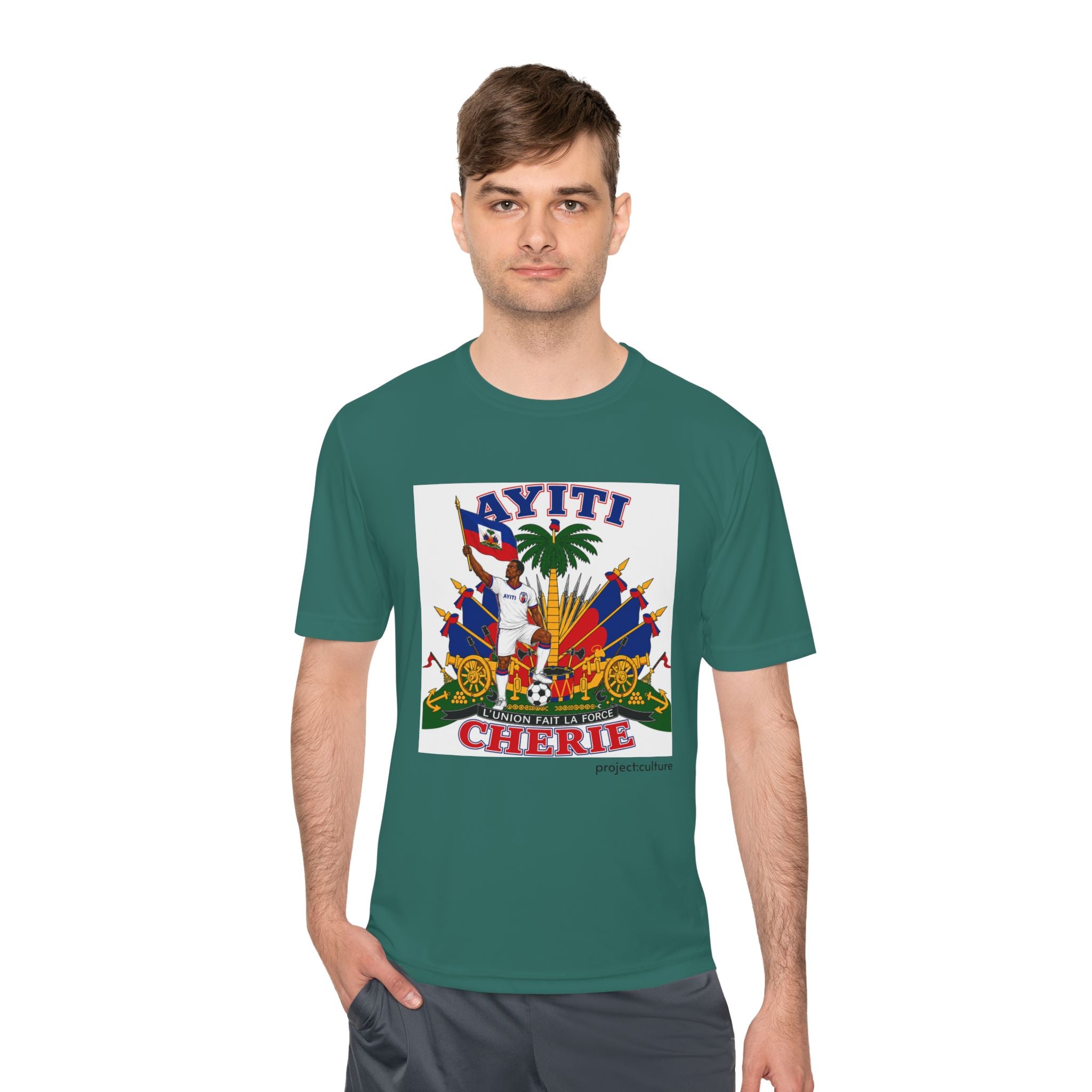 Ayiti Cherie T‑Shirt with White background — Haitian Flag & Crest Tee (Ayiti Nou La)