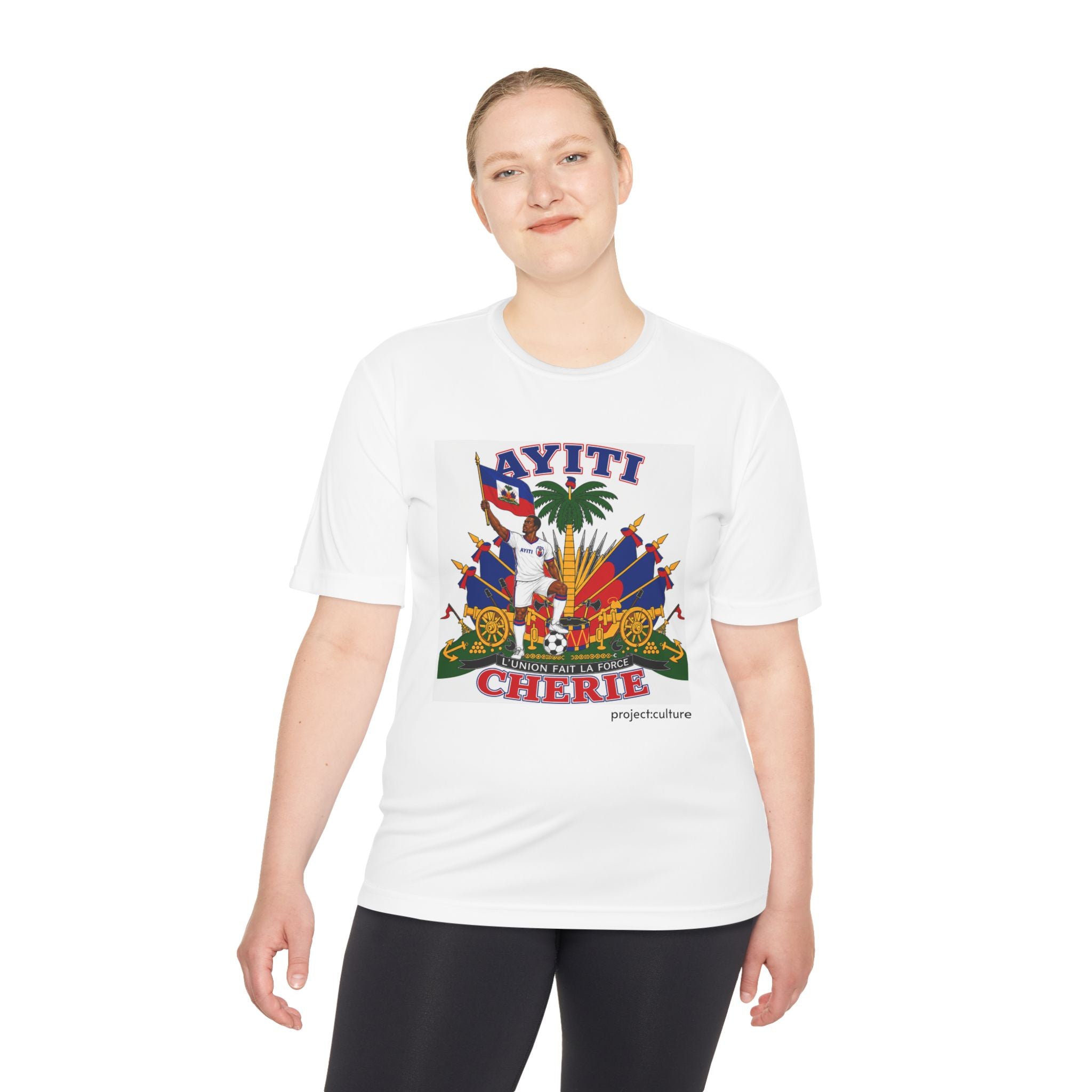 Ayiti Cherie T‑Shirt with White background — Haitian Flag & Crest Tee (Ayiti Nou La)