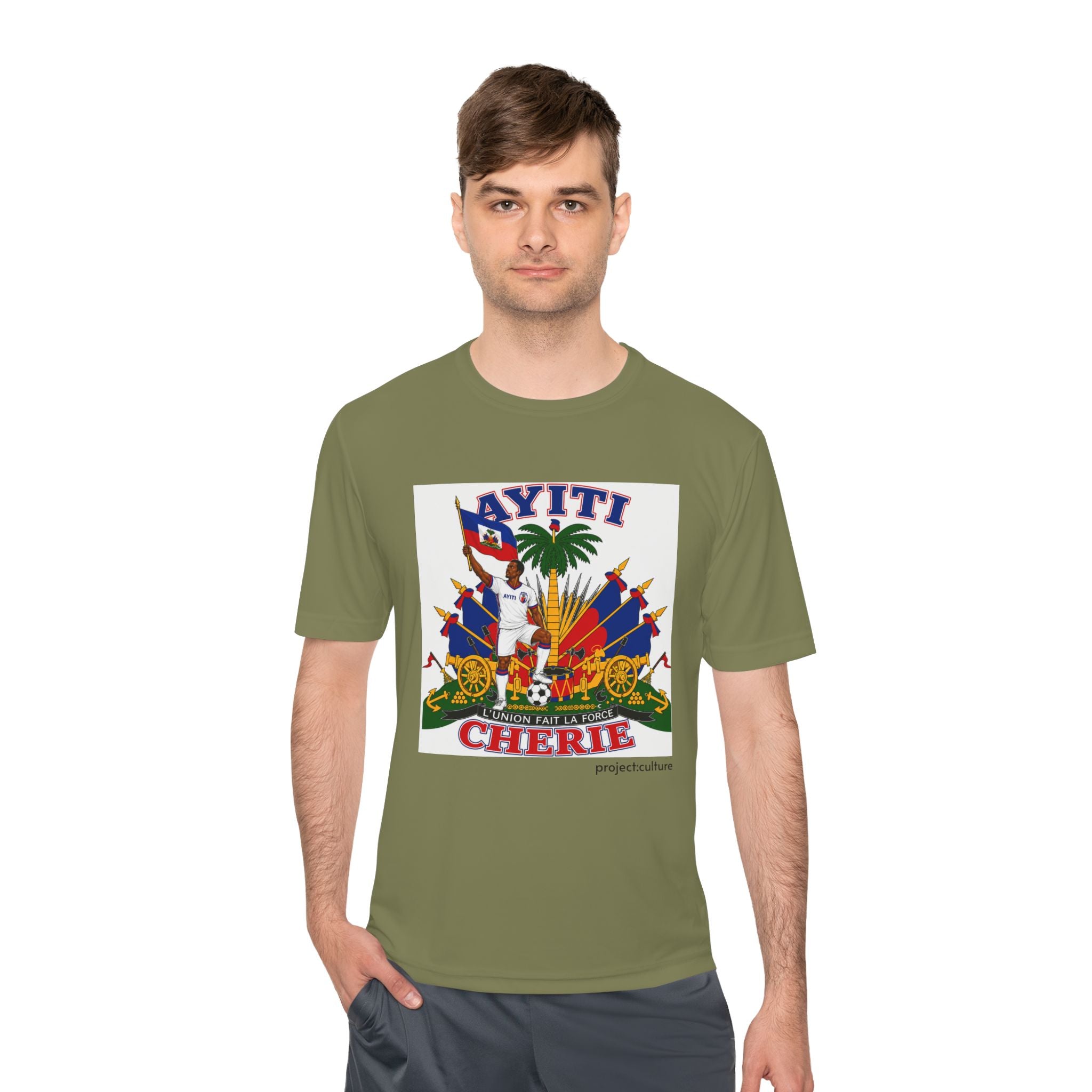 Ayiti Cherie T‑Shirt with White background — Haitian Flag & Crest Tee (Ayiti Nou La)