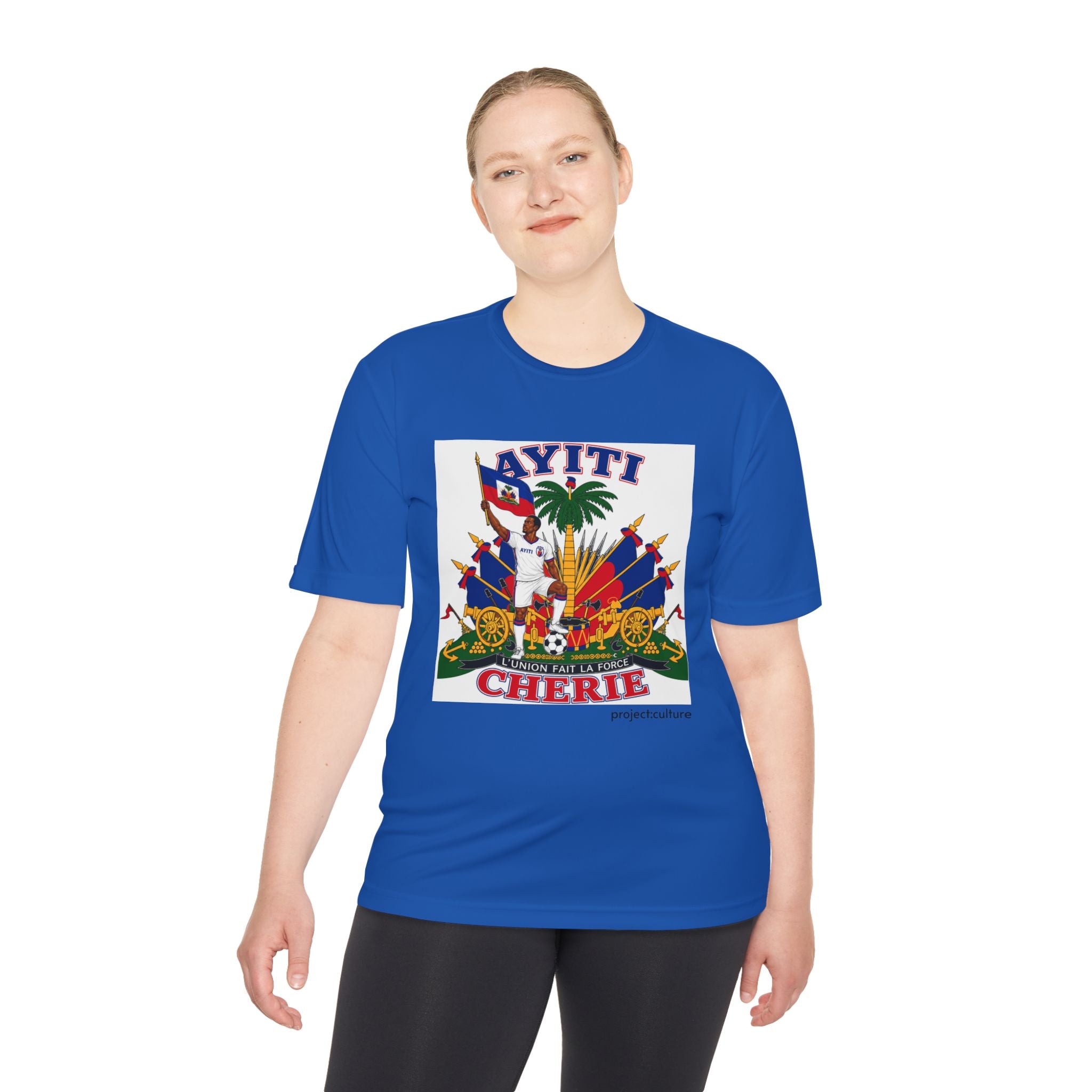 Ayiti Cherie T‑Shirt with White background — Haitian Flag & Crest Tee (Ayiti Nou La)